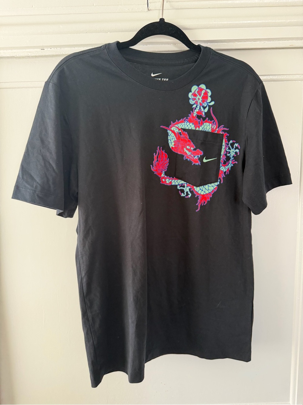 Nike Black Short-Sleeve Tee with Red & Teal Dragon Pocket Graphic